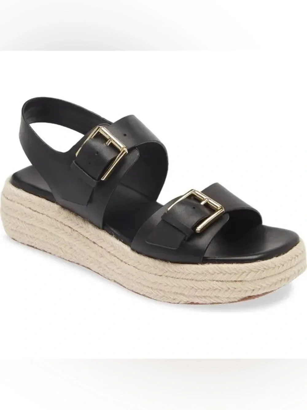 NORDSTROM Black Leather Double-Buckle Espadrille Sandals with Gold Buckles $100+